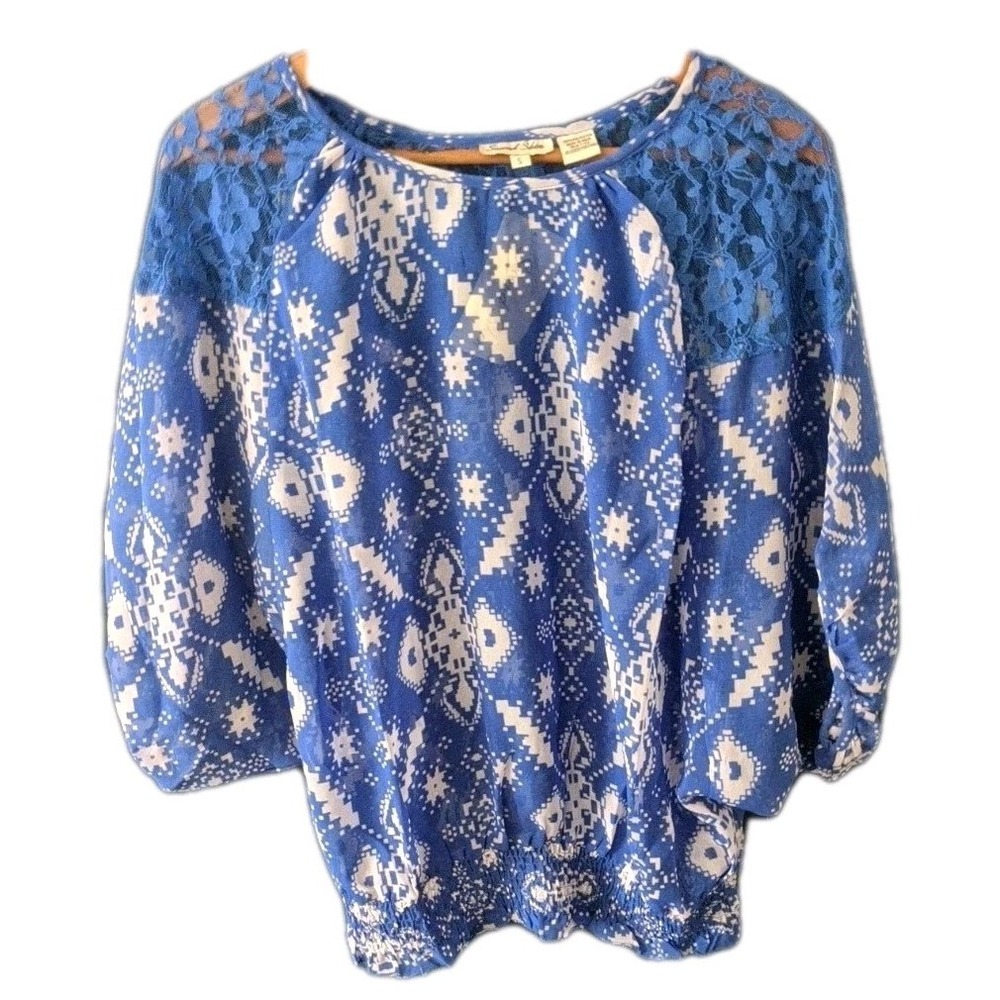 Second Skin Blue &‎ White Blouse Top Sheer Sz S Gathered Waist Batwing Sleeve